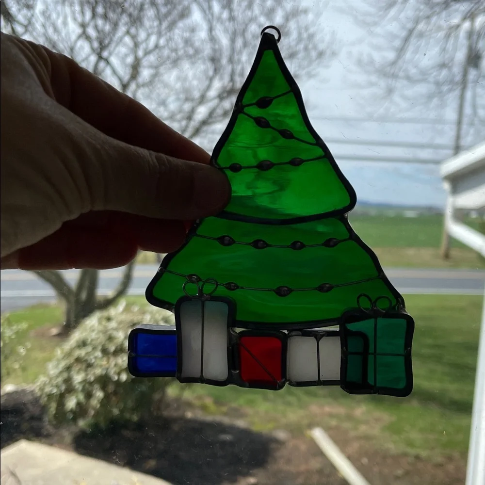 Stained Glass Christmas Tree Ornament w/ Gifts 4.75” H x 3.75” W good condition